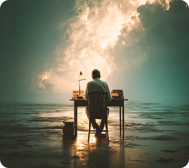 Person studying at a desk beneath a bright sky